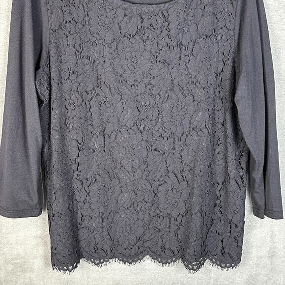 Garnet Hill Top Womens Large Black Lace 3/4 Sleeve Neutral Party Holiday Stretch - Picture 3 of 11